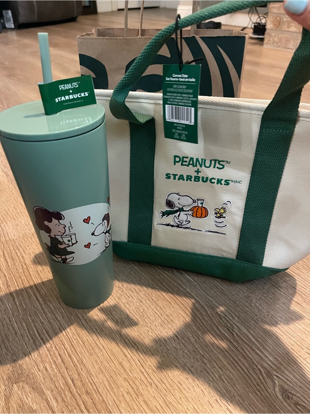 Starbucks x Peanuts Green Canvas Tote & Tumbler Set/ snoopy mint green